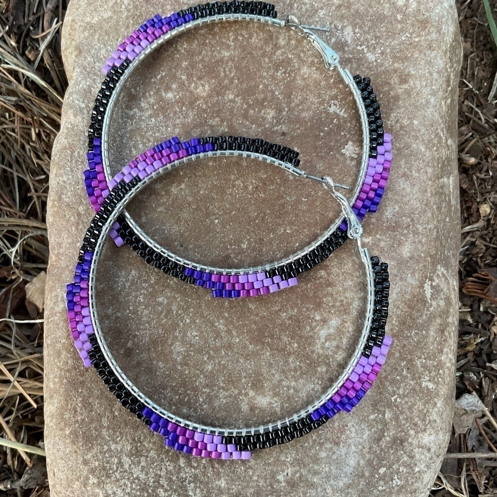 Purple Wave Beaded Hoops, New, Handmade By Me